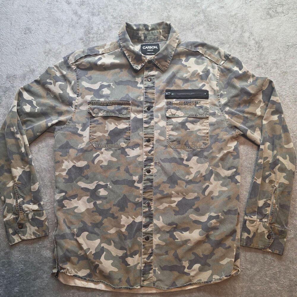 Carbon Button Up Shirt Mens M Green Camo Twill Long Sleeve Zip Pocket Military